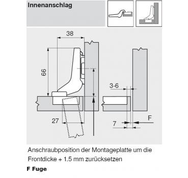 CLIP top Standardscharnier 100°, hochgekröpft, mit Feder, Topf: Schrauben